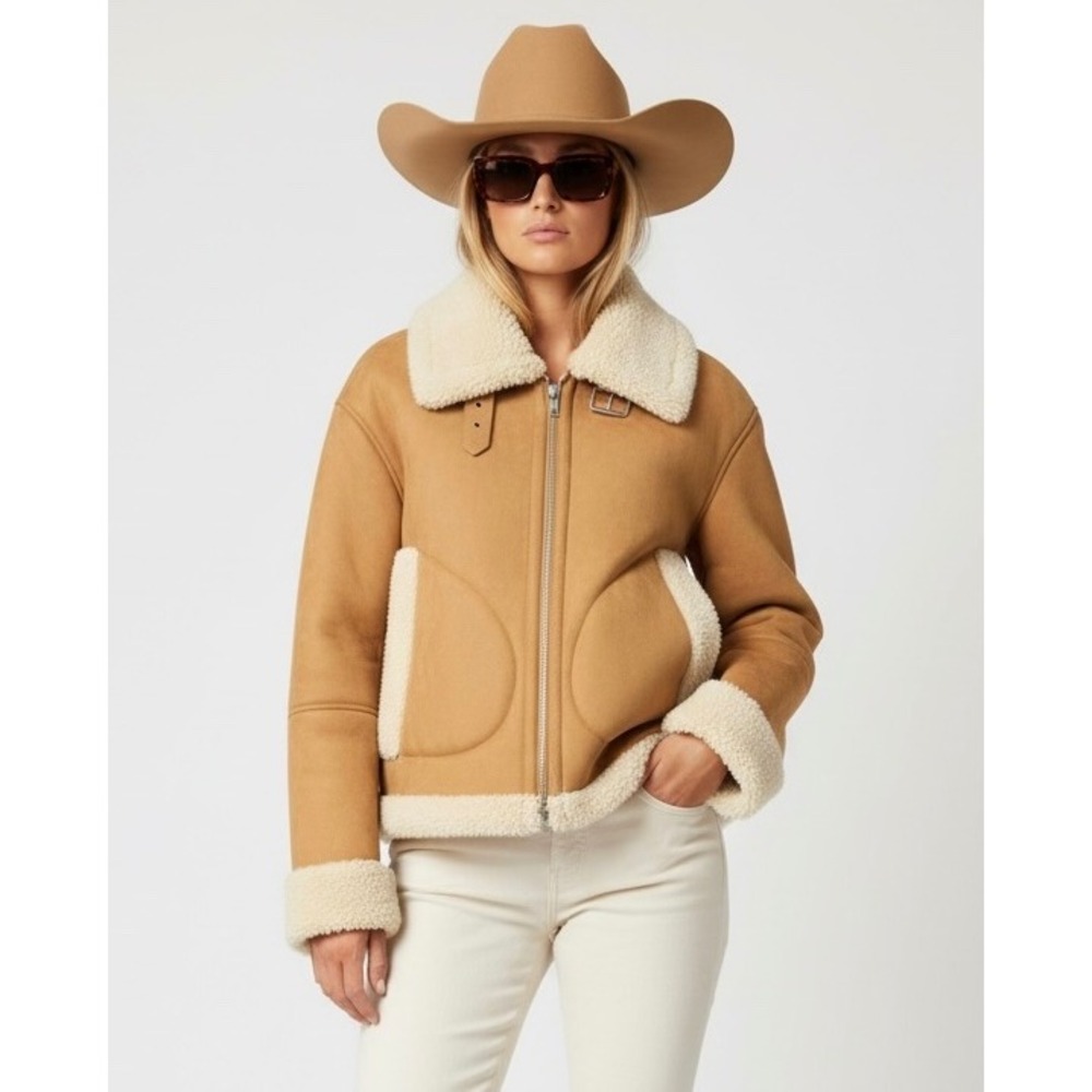 GAP Faux Suede Sherpa Lined Aviator Jacket Large Tan Brown Outerwear